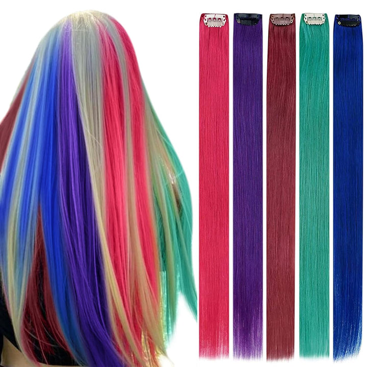 RUNATURE Bunt Haarverlängerung Echthaar Clip Invisible Lang Clip in Extensions 55cm Blau/Rot/Pink/Li