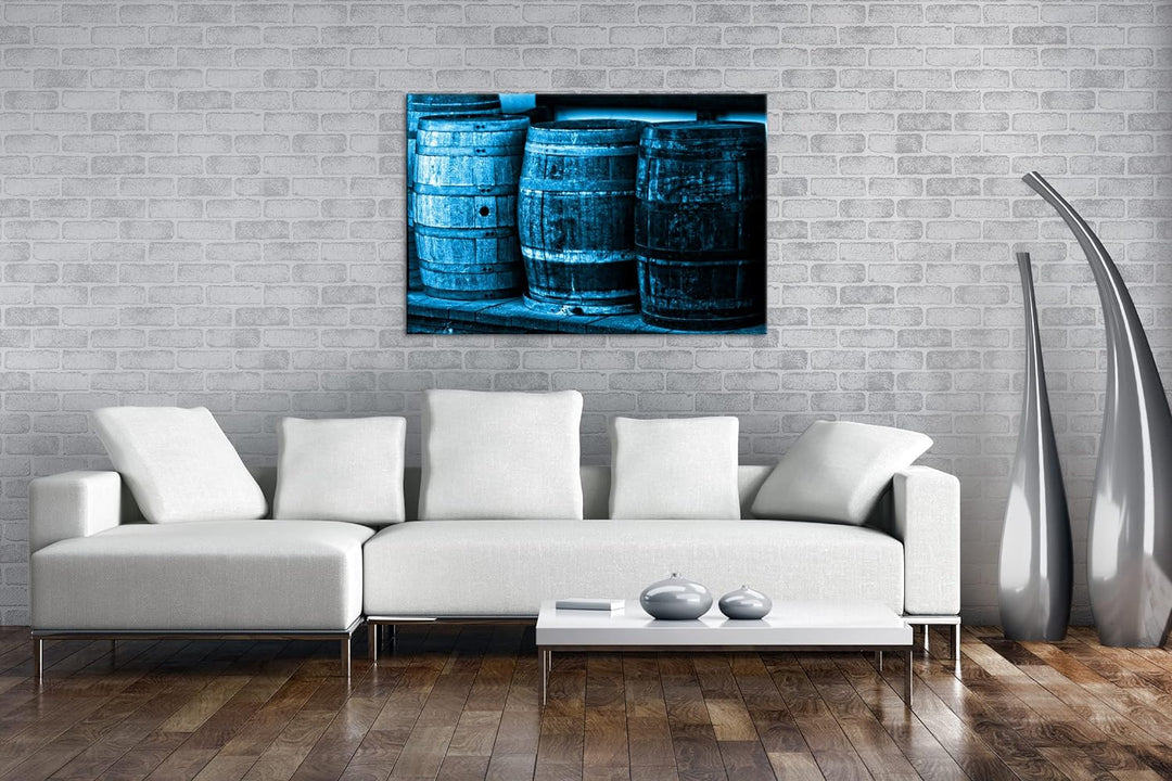 deyoli alte Holzfässer mit Wein Format 80x60 Effekt: Monocrome Blau als Leinwandbild, Motiv fertig g
