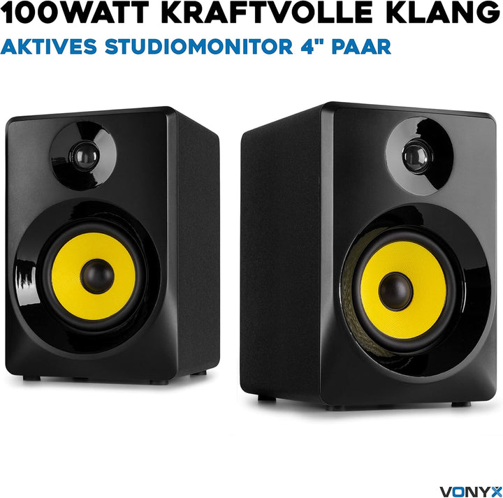 VONYX SMN40B - Studio Monitor, Aktiv Lautsprecher Set, 100 Watt, 4 Zoll Studiolautsprecher Set, DJ M
