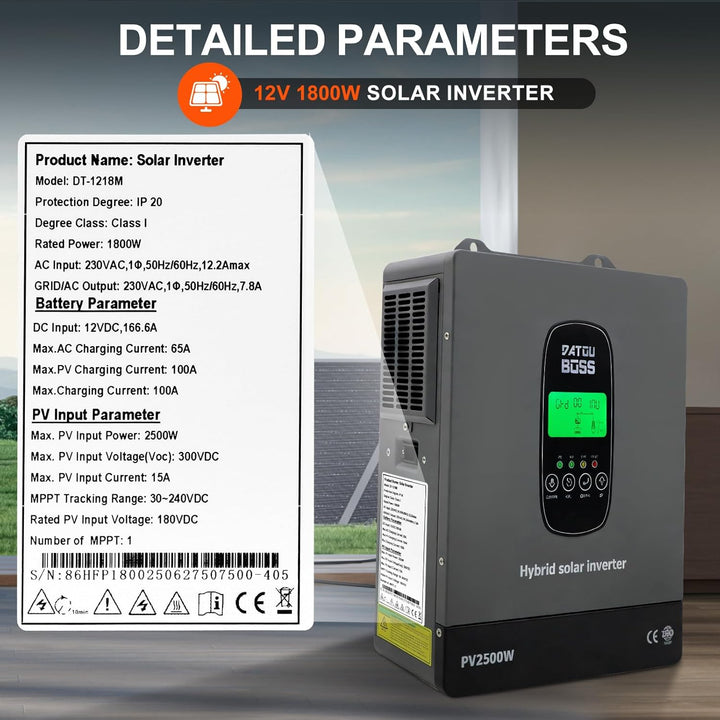 DATOUBOSS 1800W Hybrid Solar Wechselrichter 12V Reiner Sinus, 12V DC auf 220V/230V AC mit MPPT Solar