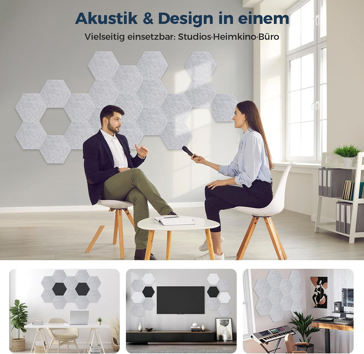 12 Stück Hexagon Akustikplatten Selbstklebend, 30 x 26 x 0,9 cm Hohe Dichte Akustikpaneele, Schallsc