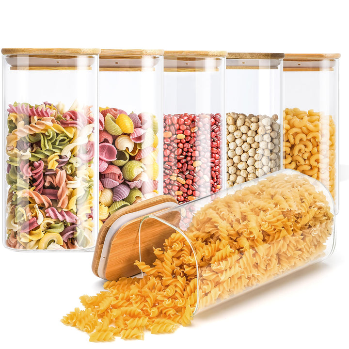 Vorratsgläser Set (6 x 1450 ml) Eckige Vorratsbehälter mit Holzdeckeln - 10x10x20 cm - Vorratsdosen