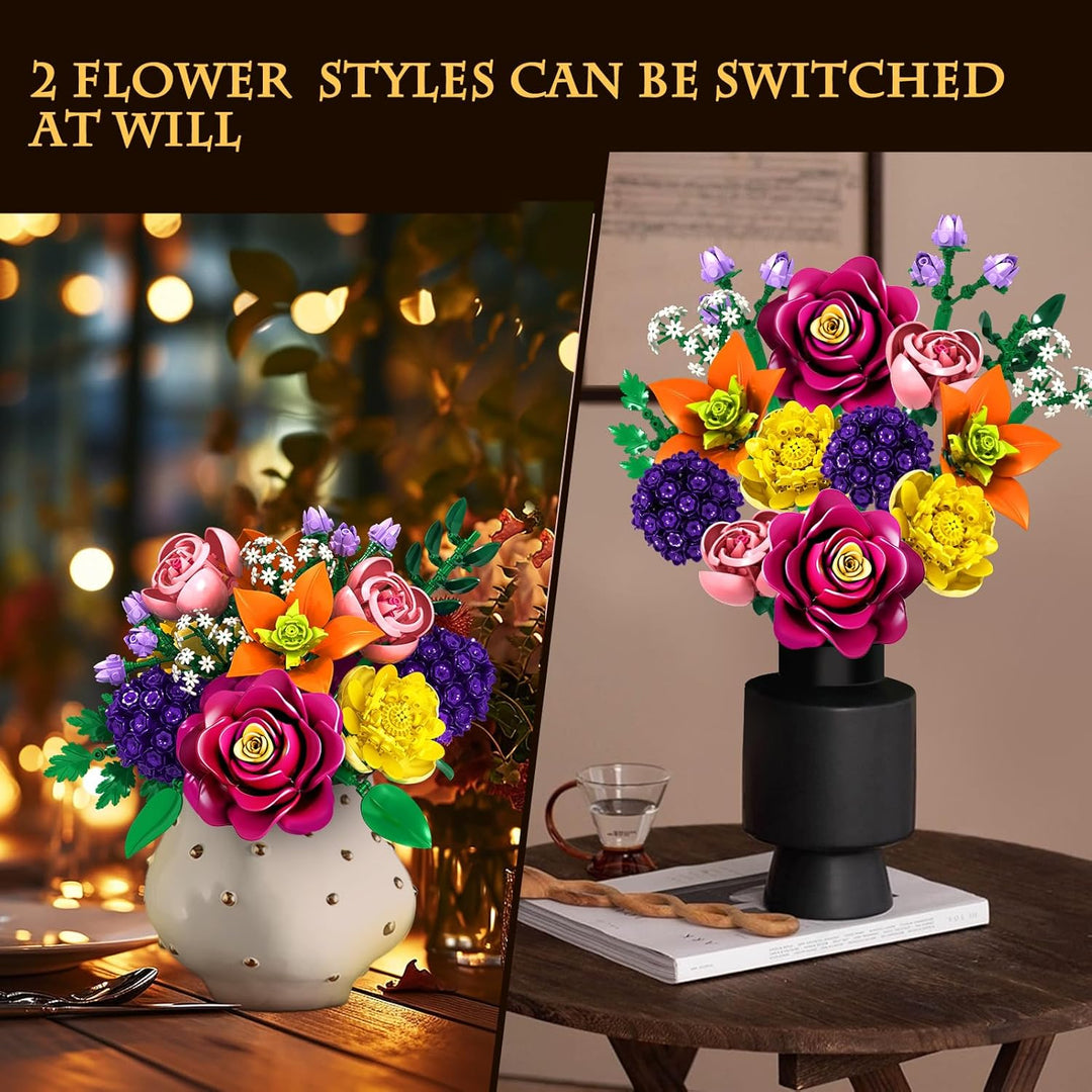 KOJAYHOL Blumen Steine Set, 933 Teile Künstlicher Blumenstrauss, Ewig Blühendes DIY Bausatz, Einziga