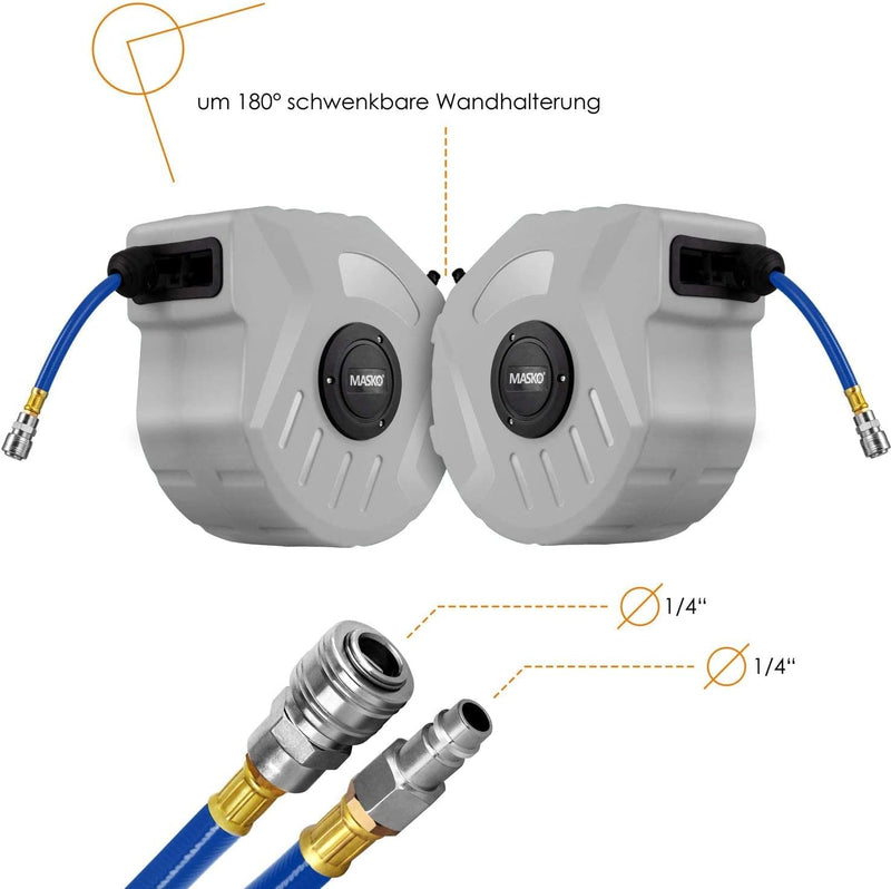 MASKO® 20m Druckluftschlauch Aufroller automatisch 1/4" Anschluss - Schlauchtrommel Wandschlauchhalt