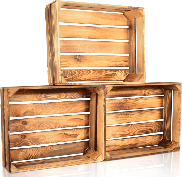 2 Set Geflammte Obstkisten - 50x40x15cm Holzkisten Weinkisten Apfelkisten 50x40x15cm Hell Geflammt 2