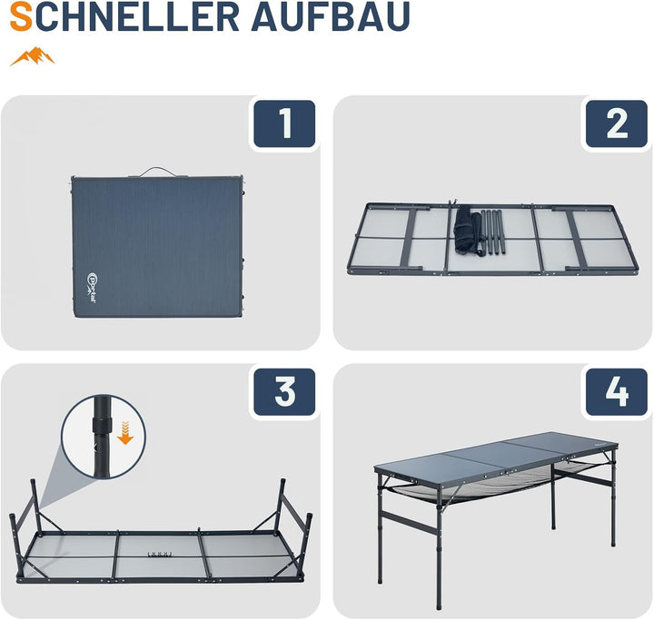 Portal Faltbarer Campingtisch 150x60cm Höhenverstellbar Robuster Klapptisch mit Tragegriff &amp; Ablagen