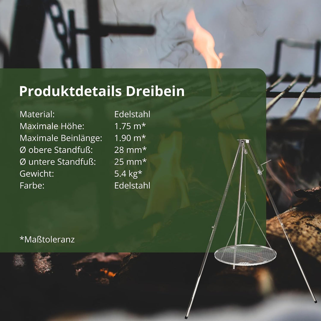 Edelstahl Dreibein mit Tasche Schwenker Grillgestell 60 cm Edelstahlrost 6 mm Stäbe