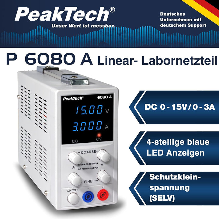 PeakTech P 6080 A Labornetzteil 0-15V / 0-3A, Hochauflösendes Labornetzgerät Single, Single