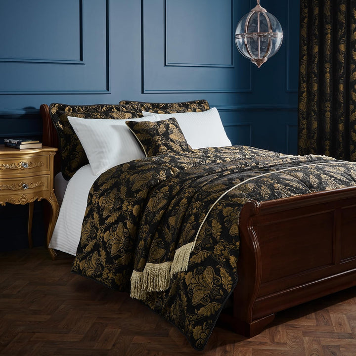 Paoletti Shiraz Tagesdecke – Luxuriös Bestickt Floral Damast Jacquard Überwurf Bettwäsche (Schwarz –