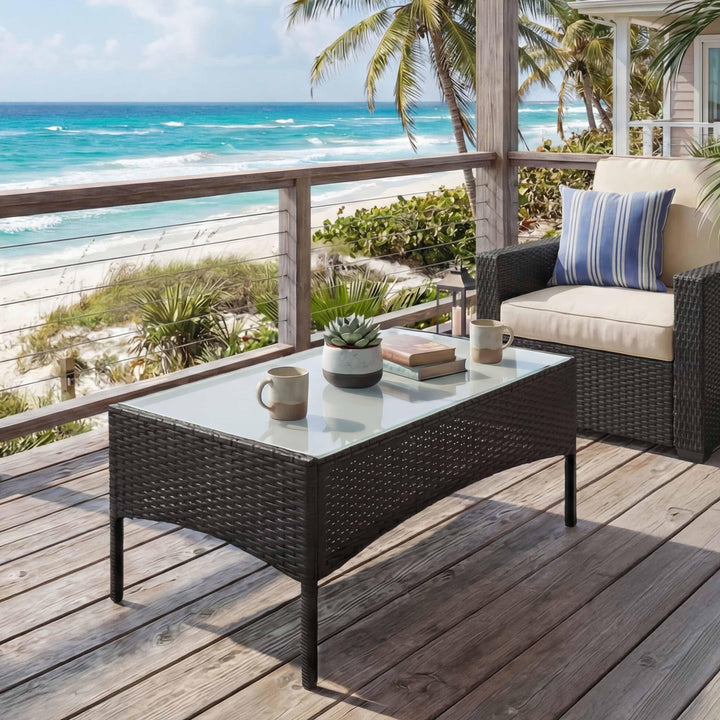 Mendler Poly-Rattan Gartentisch Halden-AM, Beistelltisch Tisch mit Glasplatte - anthrazit, Anthrazit