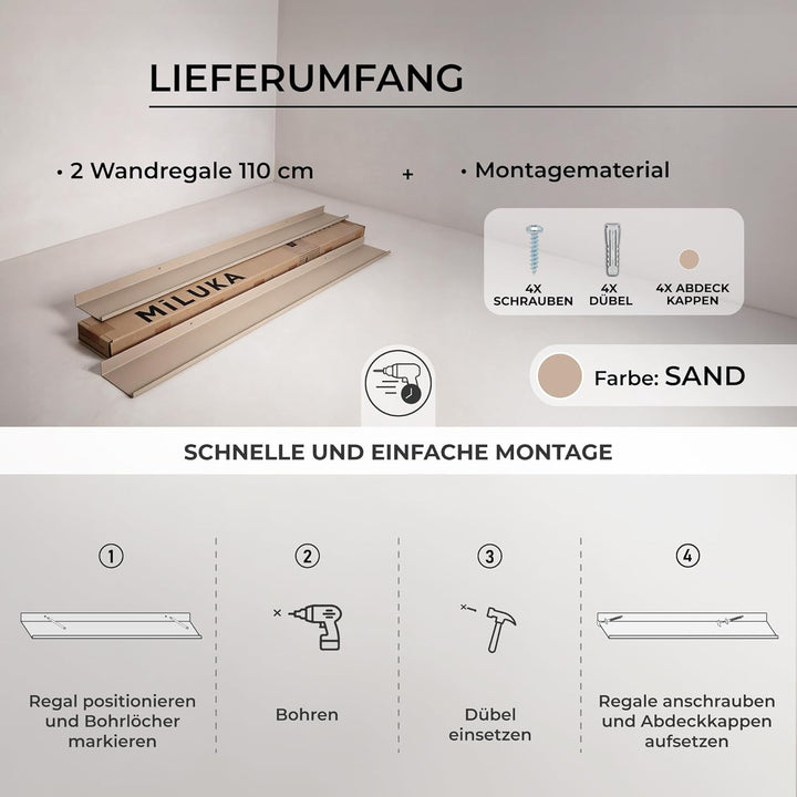 MILUKA Bilderleiste Metall Sandbeige 110 cm 2er Set – Schmales, langes Wandregal 110 x 10 cm – Bilde