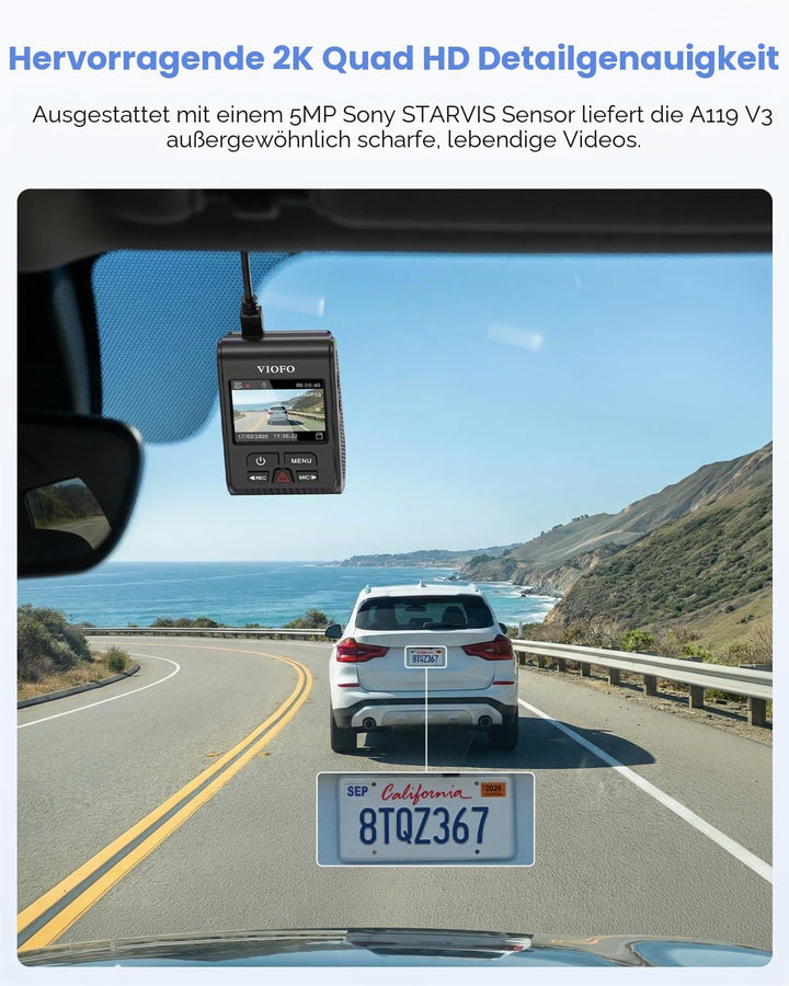 VIOFO A119 V3 Dashcam 2K 60fps mit GPS, 24 Std. Puffer Parkmodus Autokamera, Nur Frontscheibe 2560x1