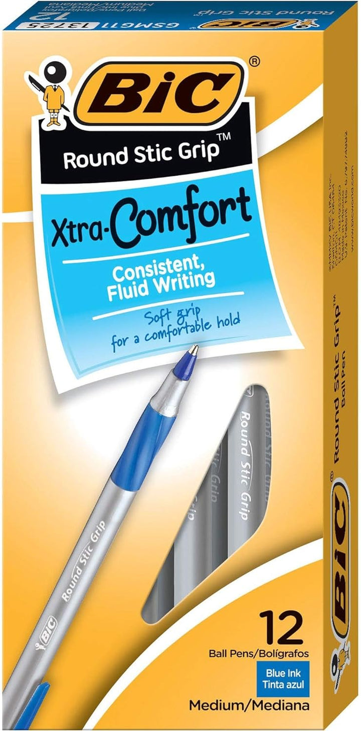 Ultra Round Stic Grip Ballpoint Stick Pen, Blue Ink, Medium, Dozen