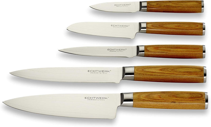 Echtwerk Damastmesser Set 5 teilig, Küchenmesser, Damaszener, Messer mit Holzgriff, Braun/Silber 36
