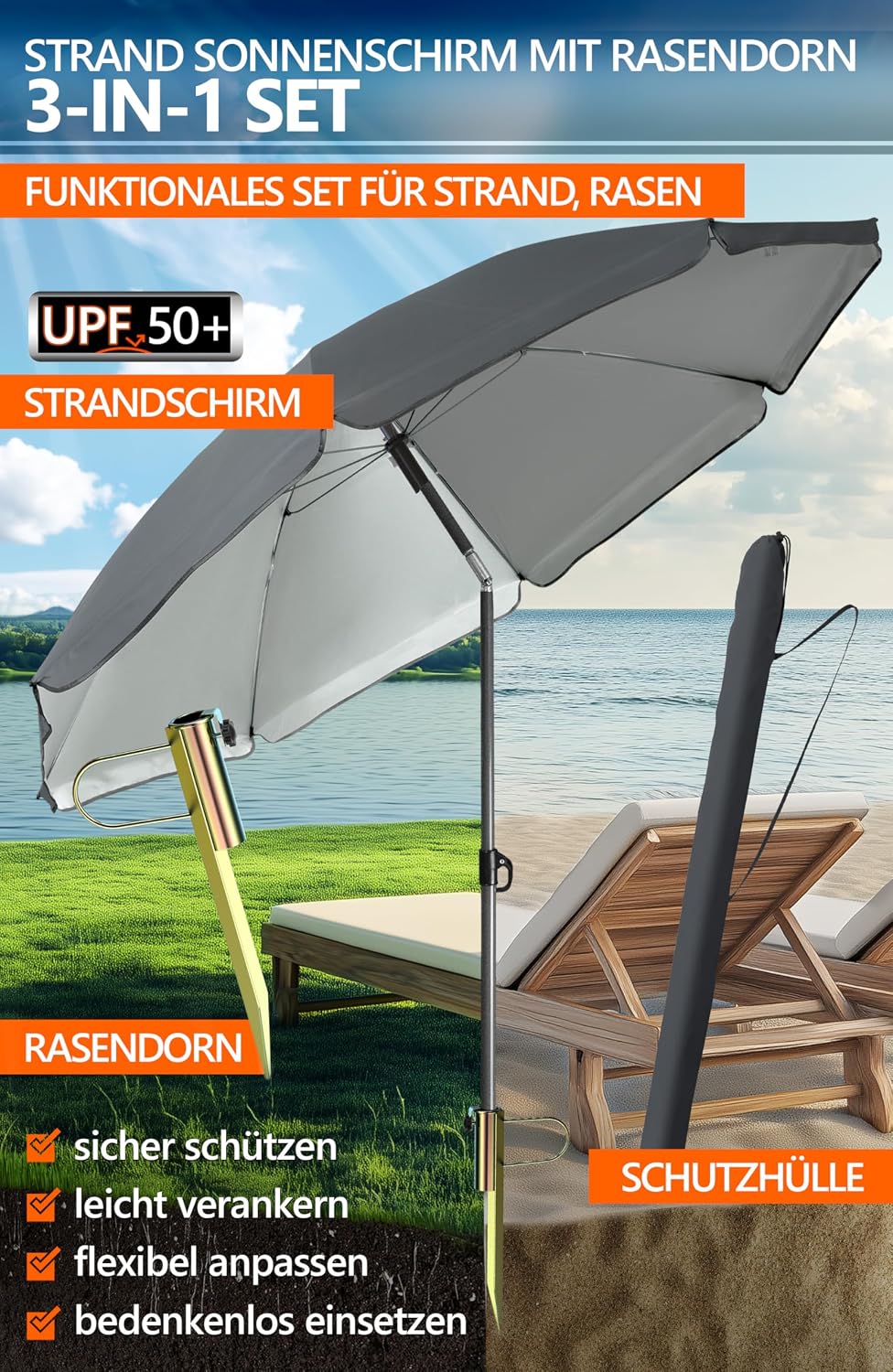 4smile Sonnenschirm Strand Ø 200 cm mit Rasendorn, 3-IN-1-SET, Anthrazit | Strandschirm windfest sta