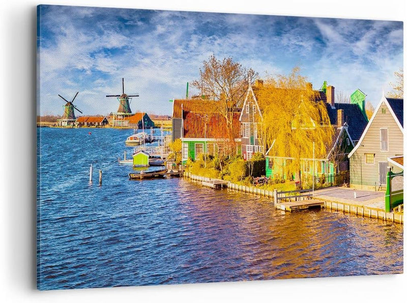 Bilder auf Leinwand 100x70cm Leinwandbild Landschaft Windmühle Wasser Dorf Gross Wanddeko Bild Schla