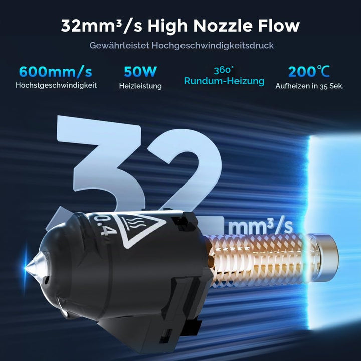 FLASHFORGE Adventurer 5M Düsenbaugruppe, 32mm³/s hoher Durchfluss, 35S Schnell-Heizung 200℃, 3S Schn