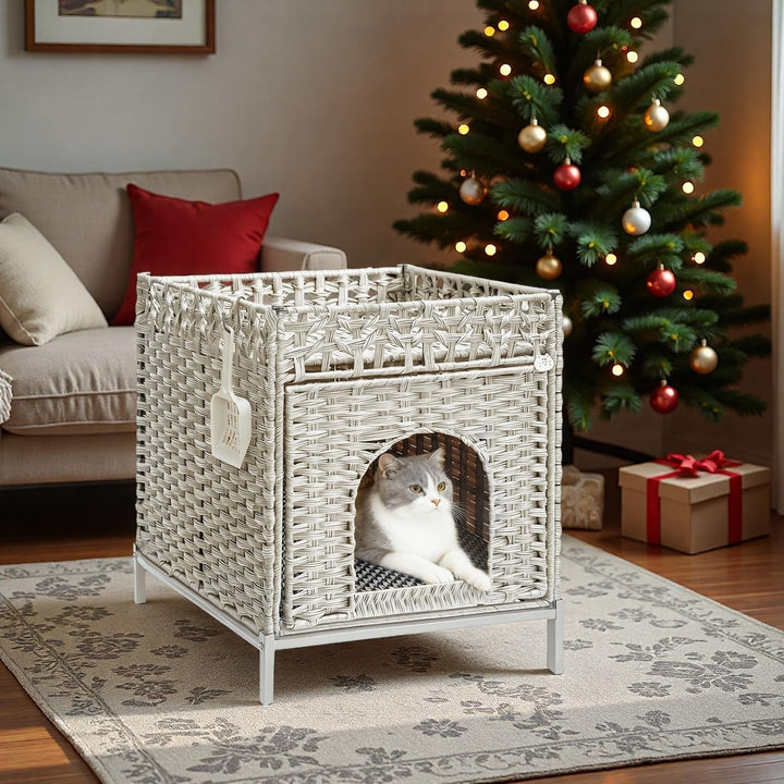 Homegroove Katzenschrank für Katzentoilette, Grau | Verstecktes Katzenklo Möbel, Handgeflochtenes Ra