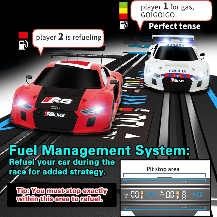 Slot Car Racing Set mit LED-Rundenanzeige, Hochgeschwindigkeit, Tankstopp, Sprachfeedback, 4 lizenzi