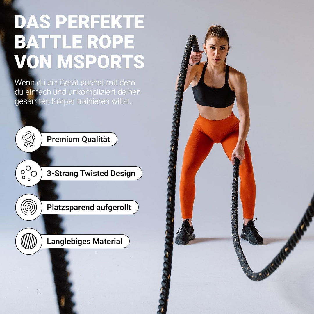 MSPORTS Battle Rope Professional Studio Qualität | Länge: 15 m | Durchmesser: 5 cm | Trainingsseil S