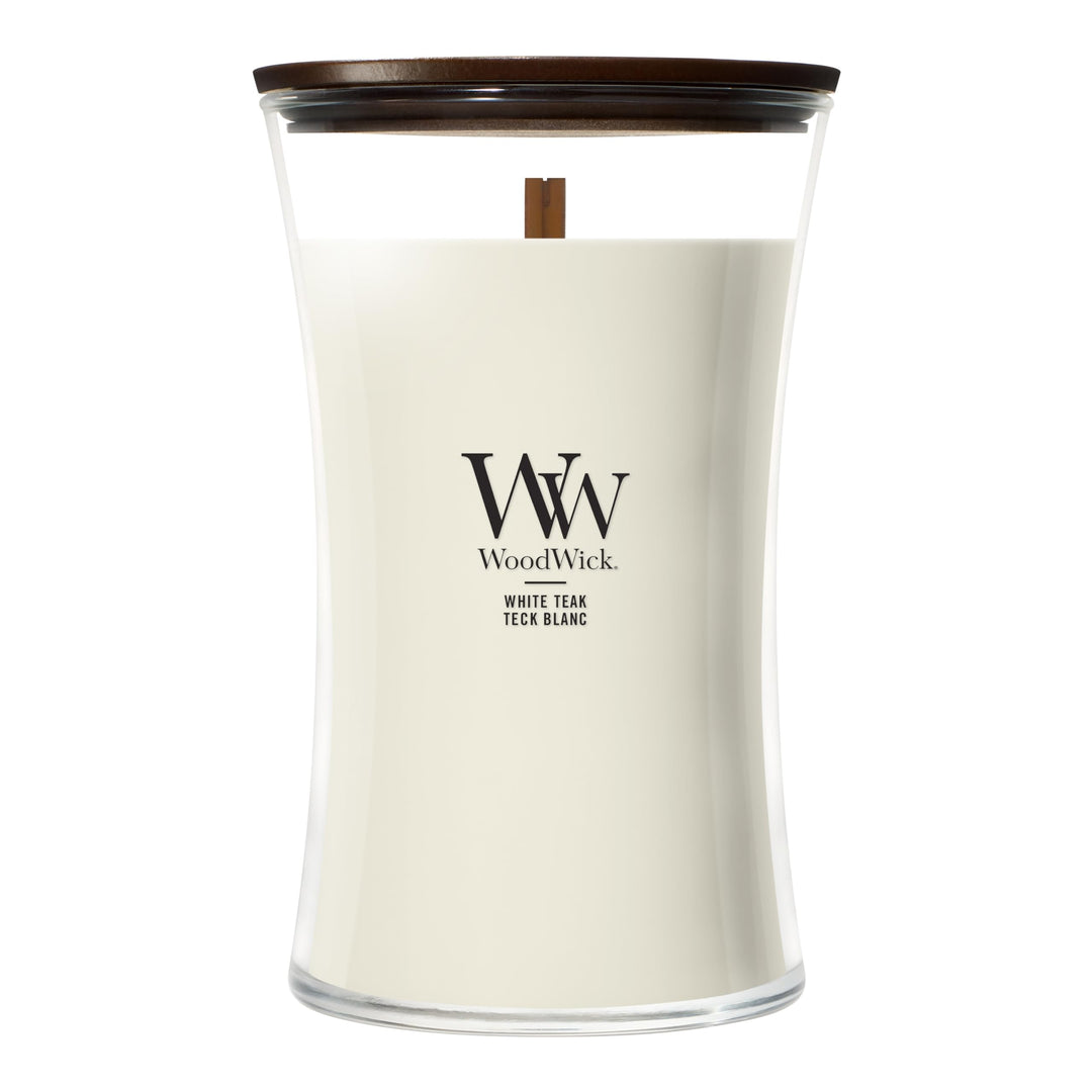 WoodWick Hourglass Grosse Duftkerze mit knisterndem Docht, bis zu 130 Stunden, Wachs, weiss (White T