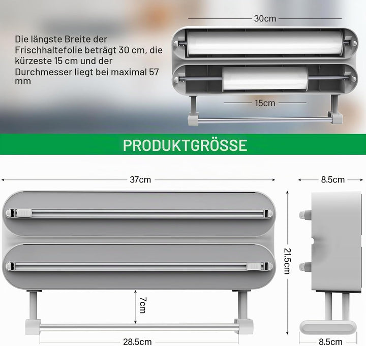 3 in 1 Frischhaltefolienspender mit Küchenrollenhalter, Folienspender mit Cutter, Küchenrollenhalter