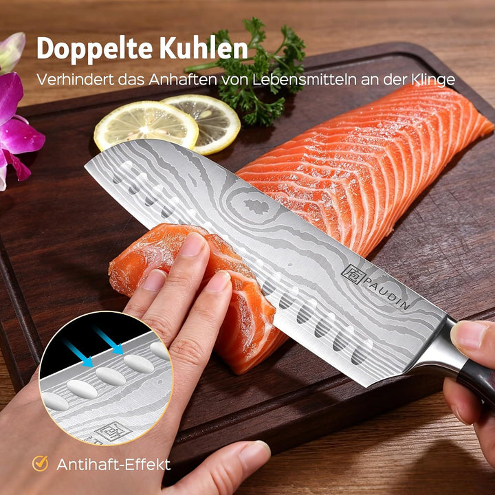 PAUDIN Santokumesser, Klingenlänge17cm Kochmesser aus deutschem Messerstahl, Sushi Messer Küchenmess