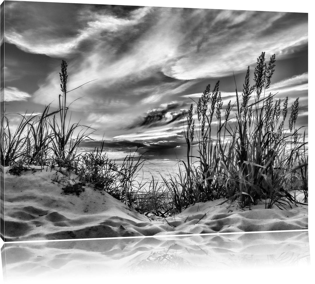 Pixxprint Gras am Strand bei Sonnenuntergang / 100x70cm Leinwandbild bespannt auf Holzrahmen/Wandbil