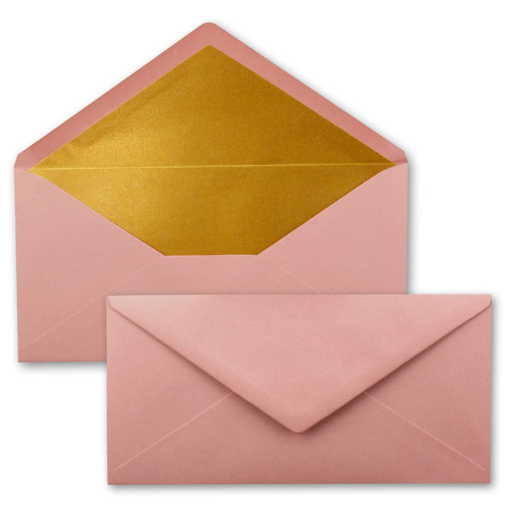 100 Brief-Umschläge DIN Lang - Altrosa (Rosa) mit Gold-Metallic Innen-Futter - 110 x 220 mm - Nasskl