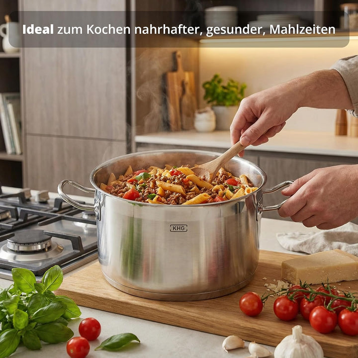 KHG Topf Kochtopf Fleischtopf 24 cm Induktion, Edelstahl unbeschichtet inkl. Glasdeckel | 11,5 cm ho