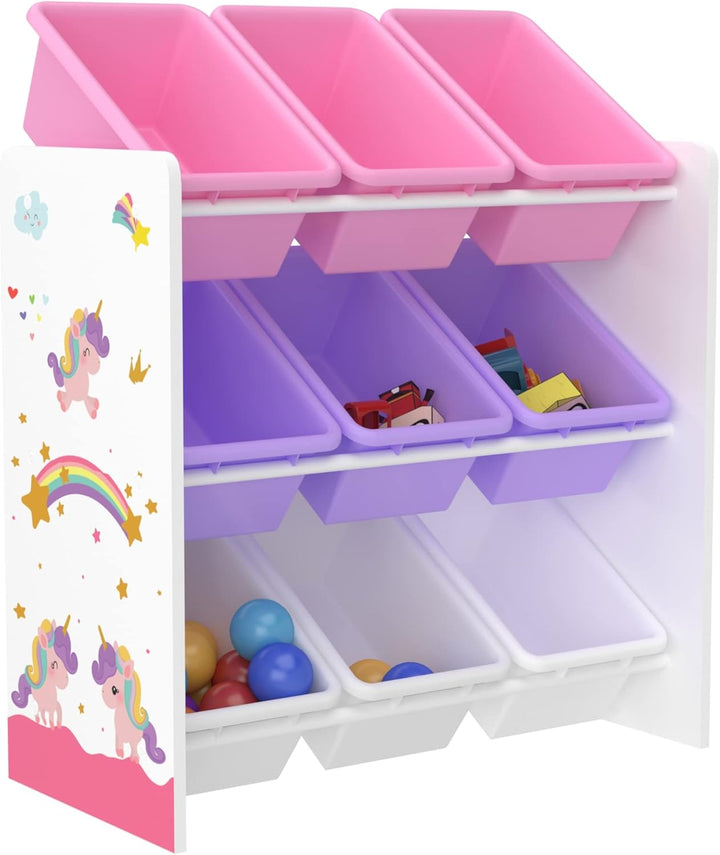 [en.casa] Kinderregal Muxía mit 9 Aufbewahrungsboxen Spielzeugregal mit Einhorn-Motiv Spielregal Wei