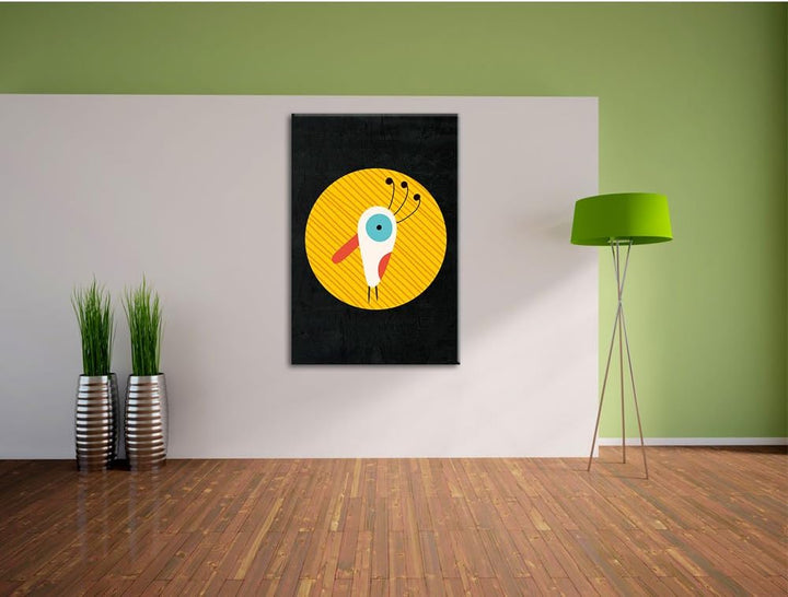 Pixxprint Lustiger Vogel mit gestreiftem Hintergrund schwarz, Format: 70x100 auf hochkantiges Leinwa