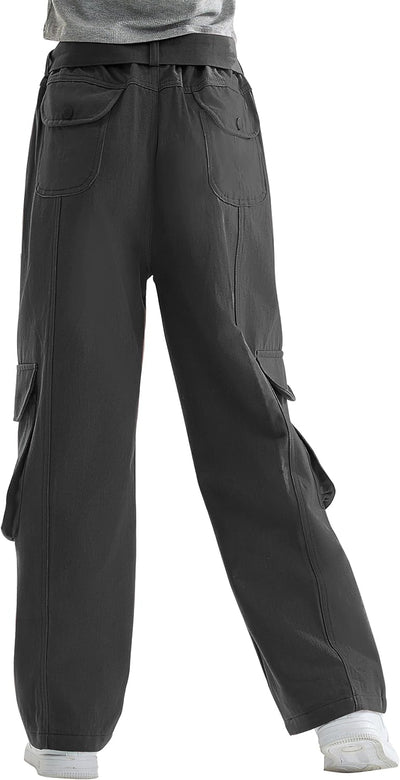 Rolanko Mädchen Baggy Cargo Hose, Elastisch Hohe Taille Gerade Weites Bein Streetwear Jeans mit Mehr