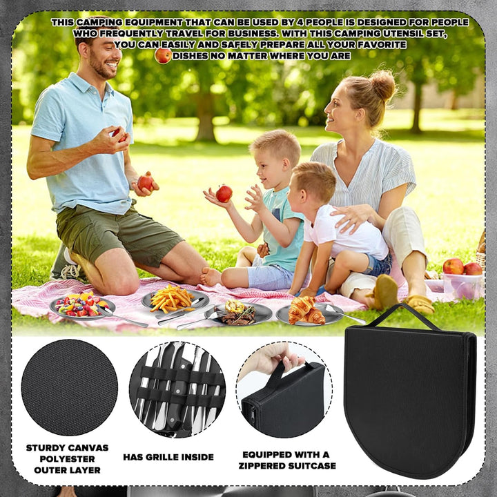 Camping Geschirr Set 4 Personen, 22 Stück Outdoor Geschirr, Besteck Camping mit Löffel, Gabel, Messe