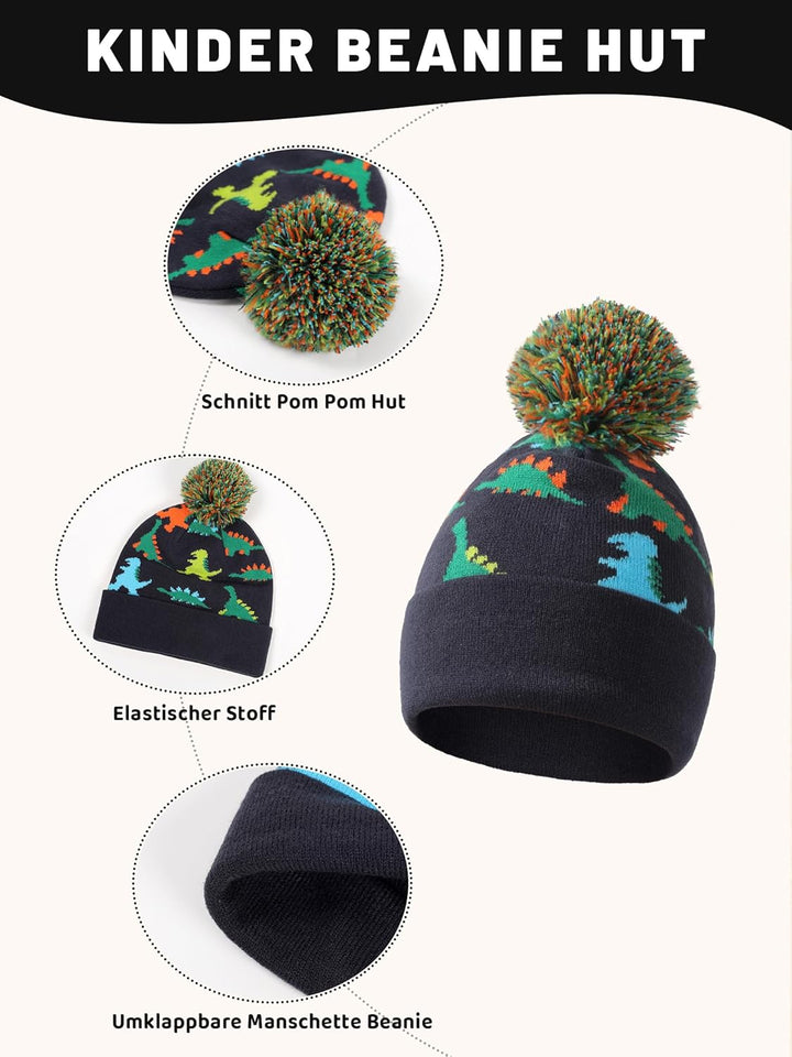 NATUST Mütze Schal Handschuh-Sets für Jungen Dinosaurier Wintermütze mit Bommel Warmer Strickschal H
