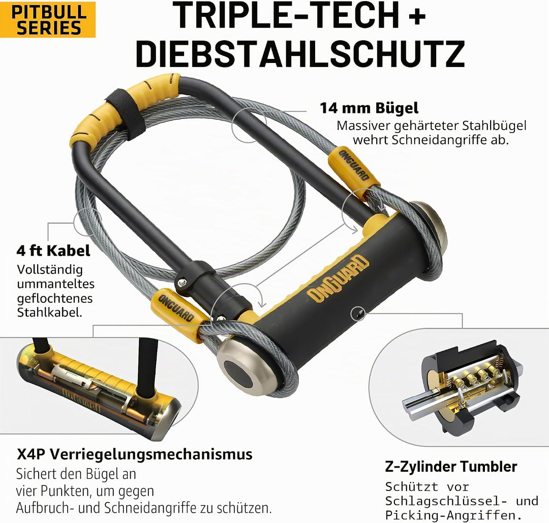 ONGUARD Pitbull Dt beugelslot, zwart, 115 mm x 230 mm x 14 mm + 120 cm x 10 mm, Schwarz Schwarz 115