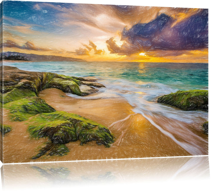 Pixxprint Sonnuntergang auf Hawaii Kunst Buntstift Effekt, Format: 100x70 auf Leinwand, 100x70