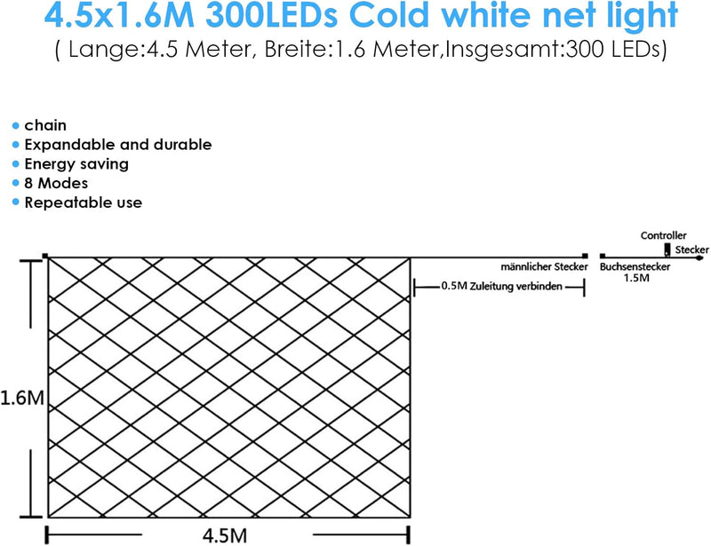 Ikodm 300er LED Lichternetz Lichtervorhang Lichterkette Kaltweiss Deko Leuchte Innen und Aussen mit