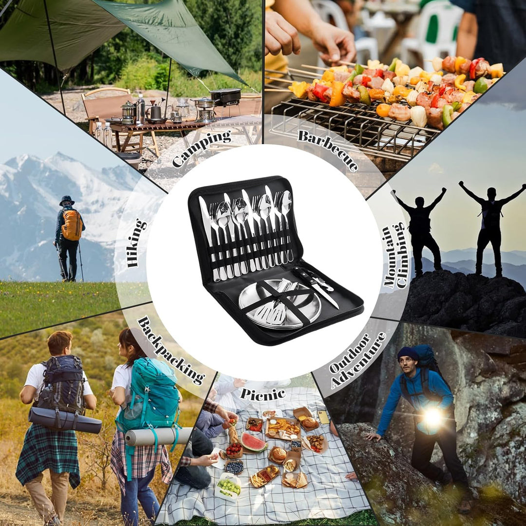 Camping Geschirr Set für 4 Personen, 22 Stück Tragbars Campingbesteck Set, Besteck Camping mit Löffe