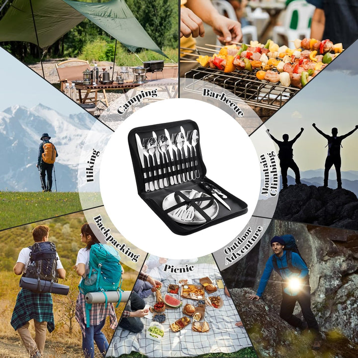 Camping Geschirr Set für 4 Personen, 22 Stück Tragbars Campingbesteck Set, Besteck Camping mit Löffe