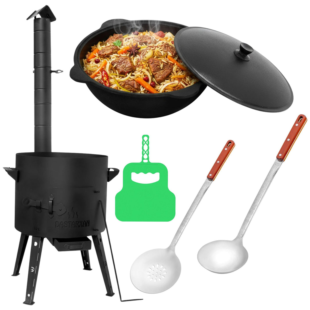 Kazan Set 12 Liter mit Ofen – Gusseisen Kasan mit Aluminiumdeckel, Schaumkelle & Suppenkelle – Outdo