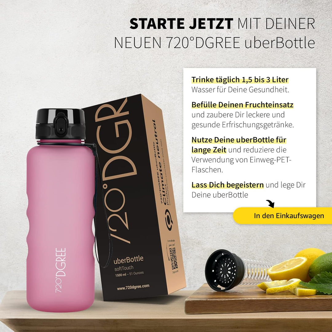 720°DGREE Trinkflasche “uberBottle“ 350ml, 500ml, 650ml, 1l softTouch +Früchtebehälter - Auslaufsich