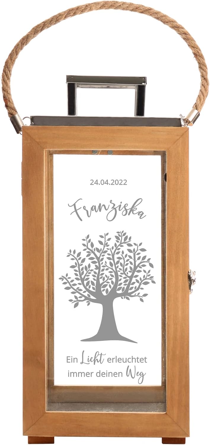 Casa Vivente Laterne aus Holz und Edelstahl mit personalisierter Gravur, Windlicht für Kerzen, Wette