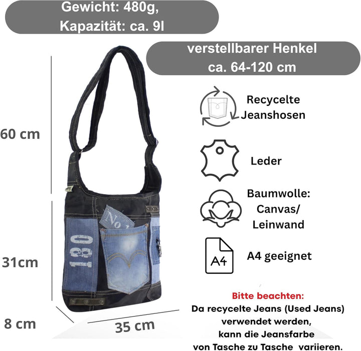 Sunsa Damen Umhängetasche aus Recycelte Jeans Canvas & Leder. Hobo Tasche schwarz/blau