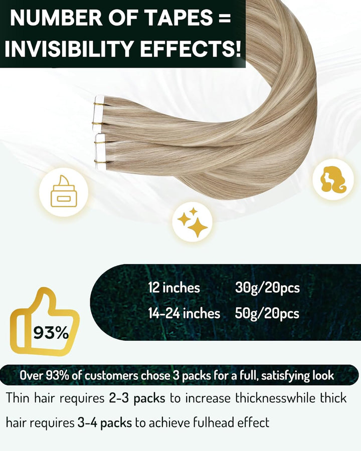 RUNATURE Tape in Extensions Braun Blond 55cm Echthaar Extensions Tape in 50g Tape Extensions Echthaa