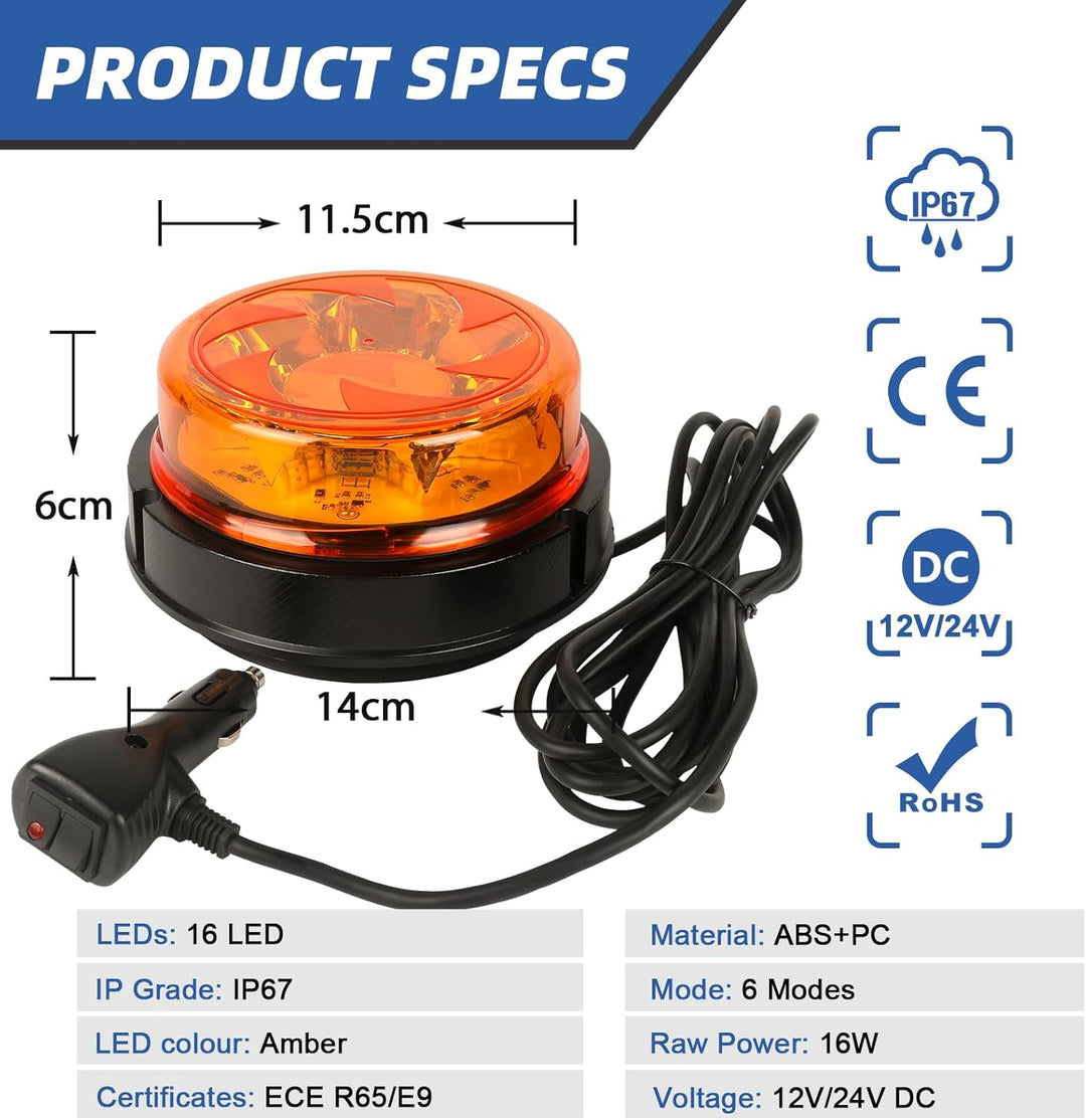 Qiping 12V 24V LED Rundumleuchte Gelb mit Magnet, 6 Blitzmuster Orange Kennleuchte Magnetisch ECE R6