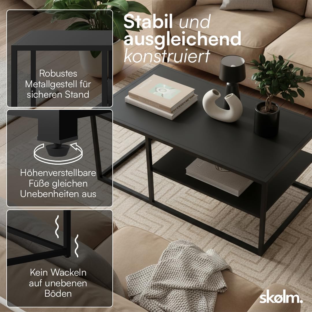 skølm Skadi Couchtisch aus Metall – Wohnzimmertisch mit 2 Ablagen – Beistelltisch in Schwarz – Sofat