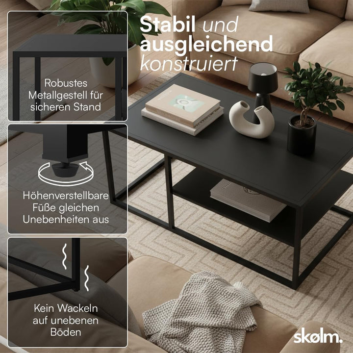 skølm Skadi Couchtisch aus Metall – Wohnzimmertisch mit 2 Ablagen – Beistelltisch in Schwarz – Sofat