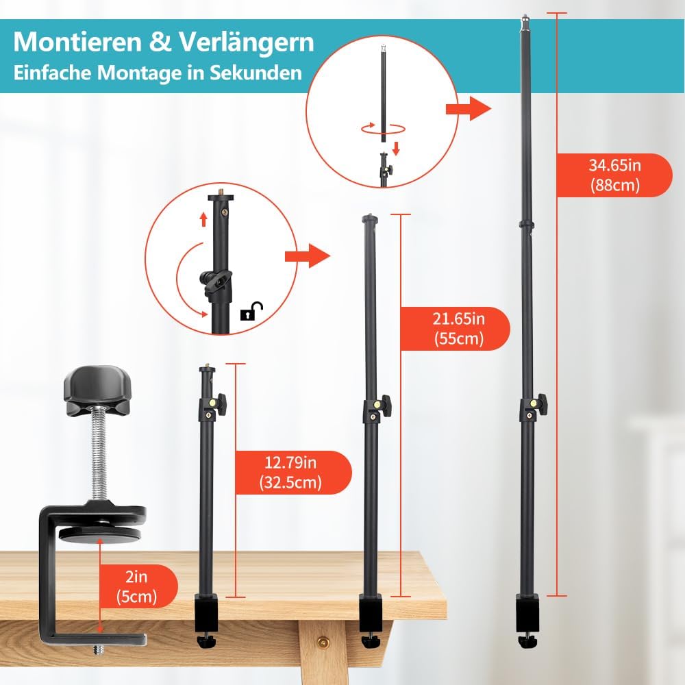 JEBUTU OS01 Kamera Tischstativ Overhead Stativ, 32.5-88cm verstellbar Kamera Tischhalterung für Kame
