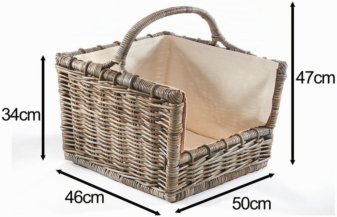 Kobolo Kaminholzkorb Holztrage Holzkorb für Kaminholz Rattan grau mit abnehmbarem Leinenstoff 50x46x